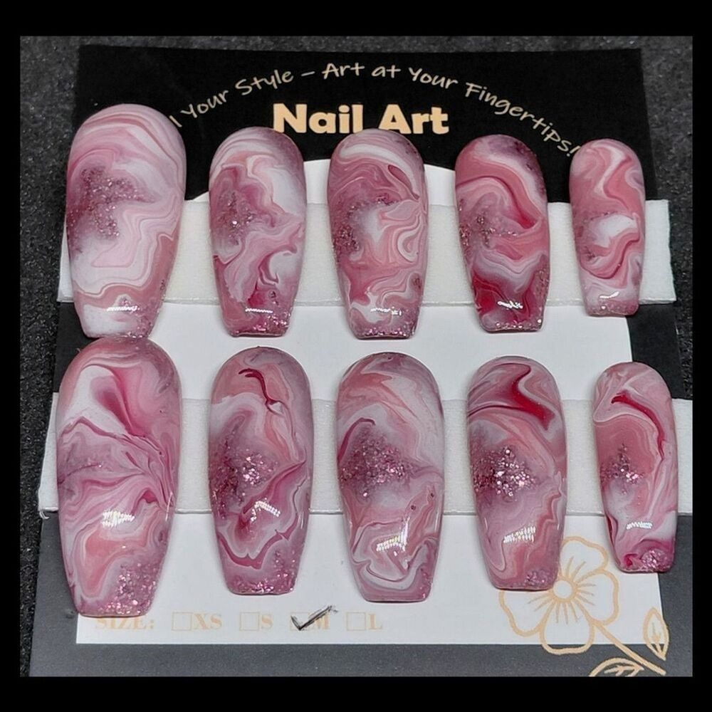 4/$40 ***Summer Sale***Pink Marble Hard Gel Press On Nail Art Set